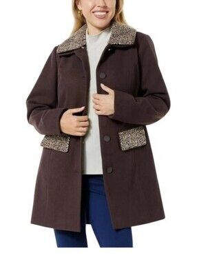 Colleen Lopez Collection Faux Wool Coat with Bead Detail Chocolate Plum XS